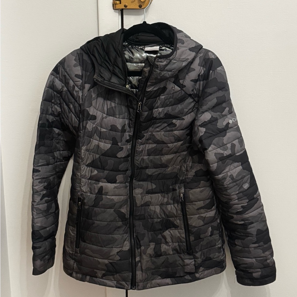 Columbia Omni-Heat Hooded Puffer Jacket Gray Camo Women’s Large Lightweight